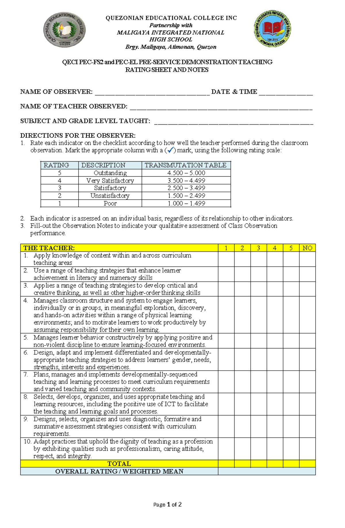 QECI 2025 Pre-Service Demo Teaching Rating Sheet & Notes - Studocu