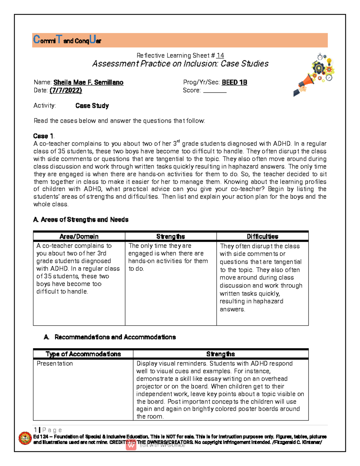 Reflective Learning Sheet #14: Case Studies on Inclusion - Ed 124 - Studocu