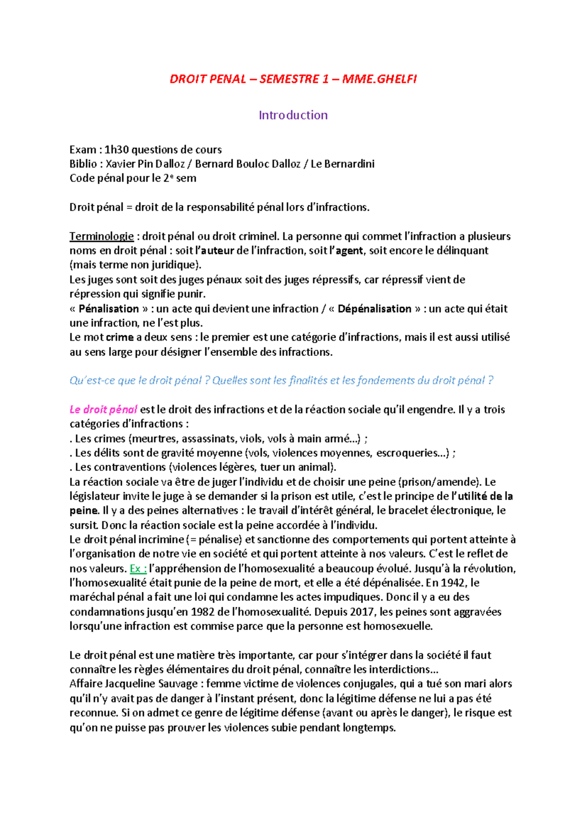 Cours S1 - Droit Pénal : Introduction et Concepts Fondamentaux - Studocu