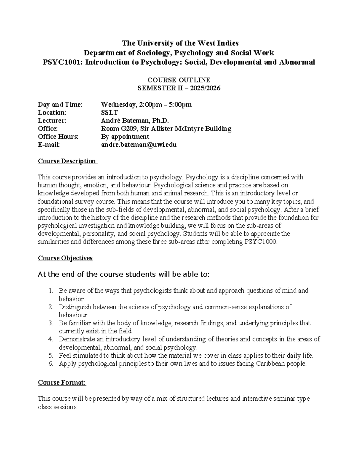 PSYC1001: Intro to Psychology Course Outline - Semester II 2026 - Studocu
