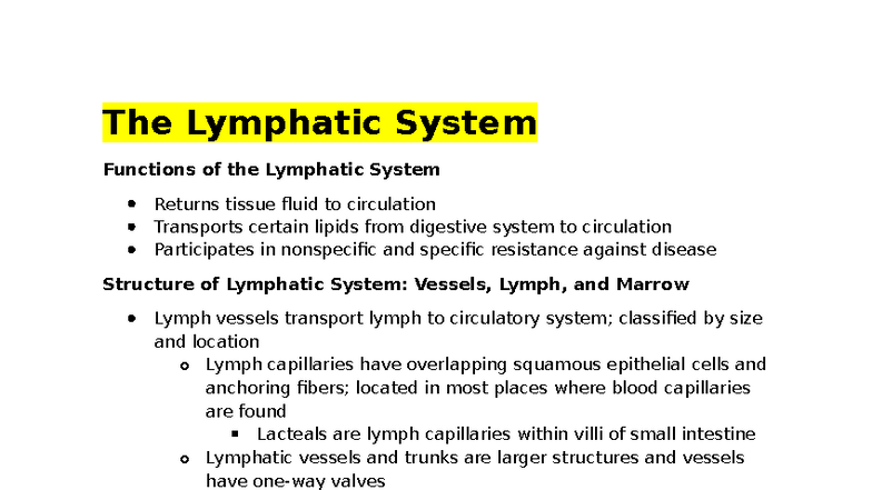 A&P 1 Chp 21 - notes - The Lymphatic System Functions of the Lymphatic ...