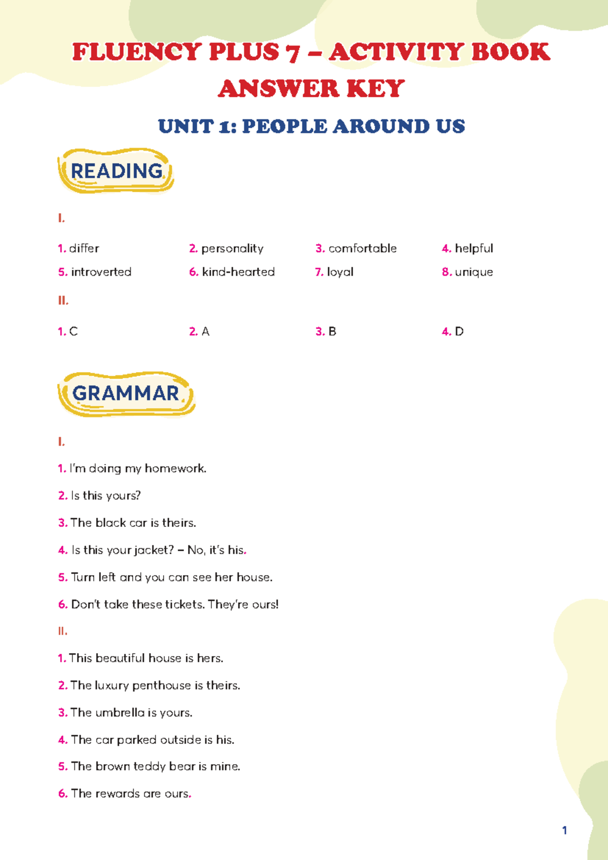 Fluency Plus 7 Activity Book Answer Key: Unit 1 - People Around Us ...