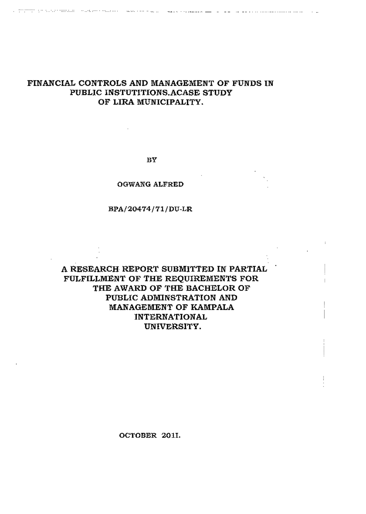 FIN 301: Financial Controls & Fund Management in Lira Municipality Case ...