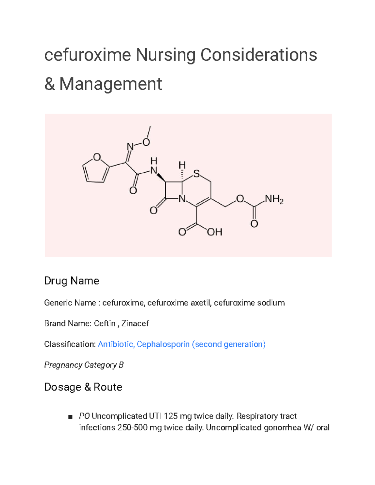 Untitled document - lecture notes - cefuroxime Nursing Considerations ...