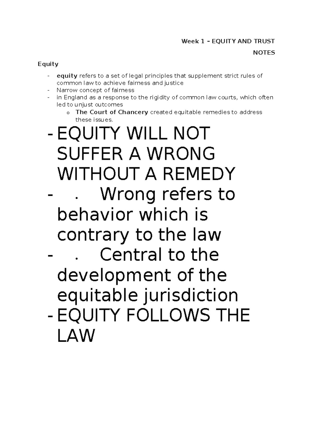 Week 1 EQUITY AND TRUST NOTES: Key Principles and Maxims - Studocu