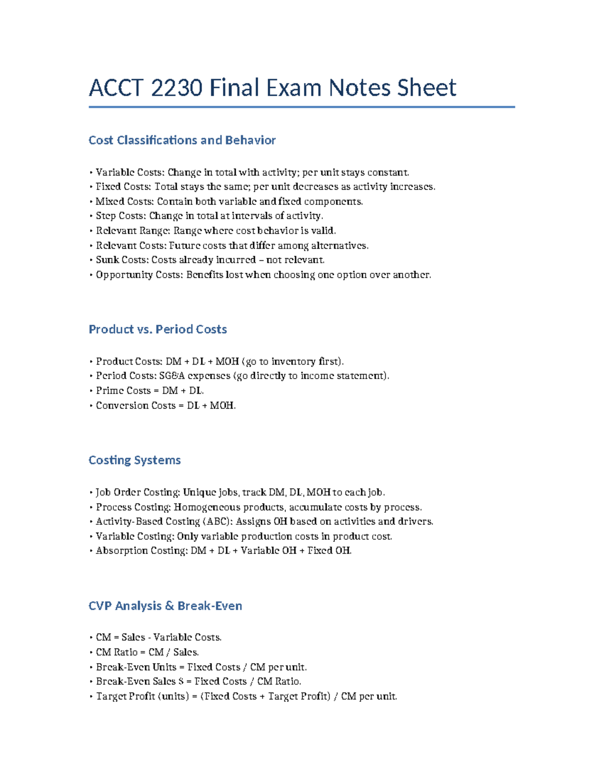 ACCT 2230 Final Exam Notes: Cost Classifications & Behavior - Studocu