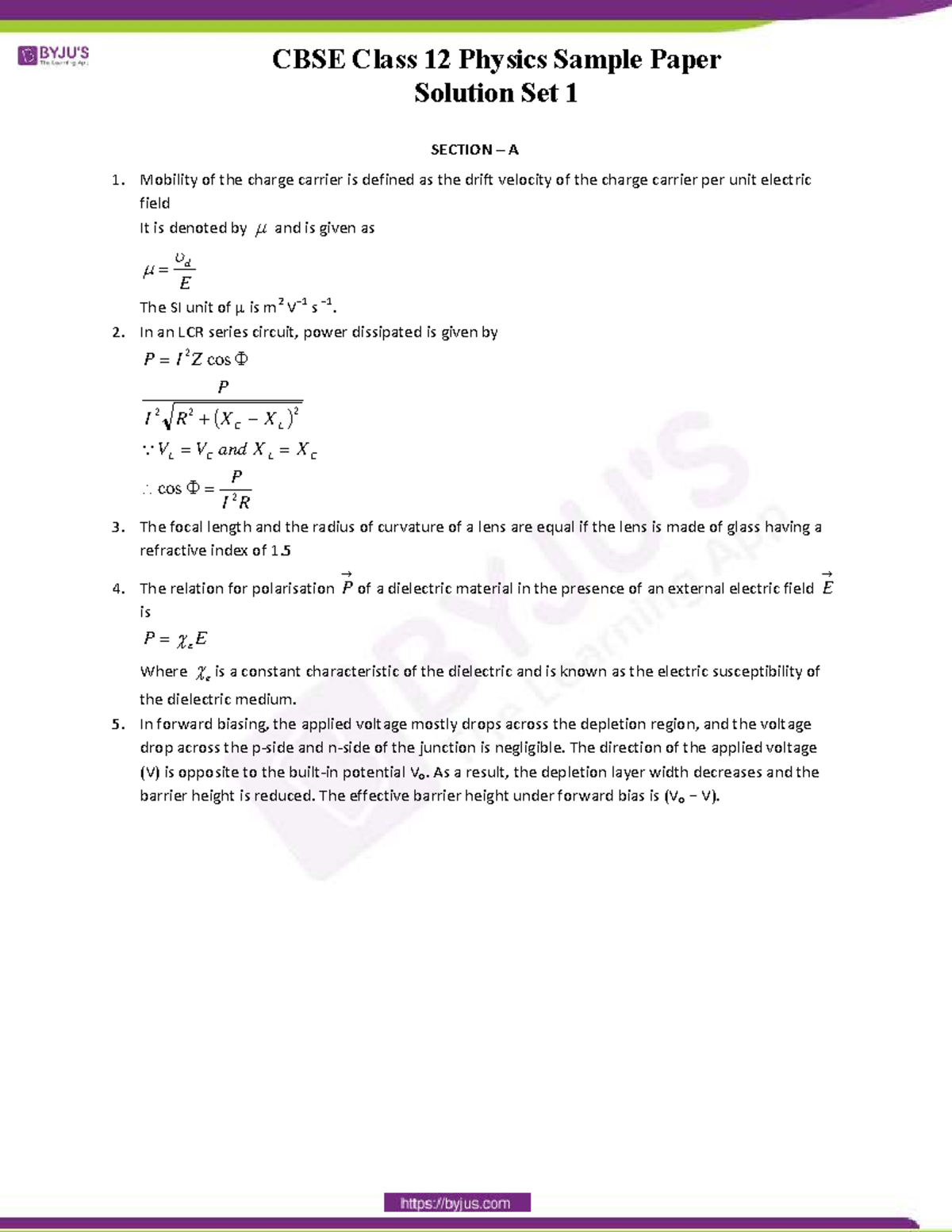 CBSE Class 12 Physics Sample Paper Solutions - Set 1 Analysis - Studocu