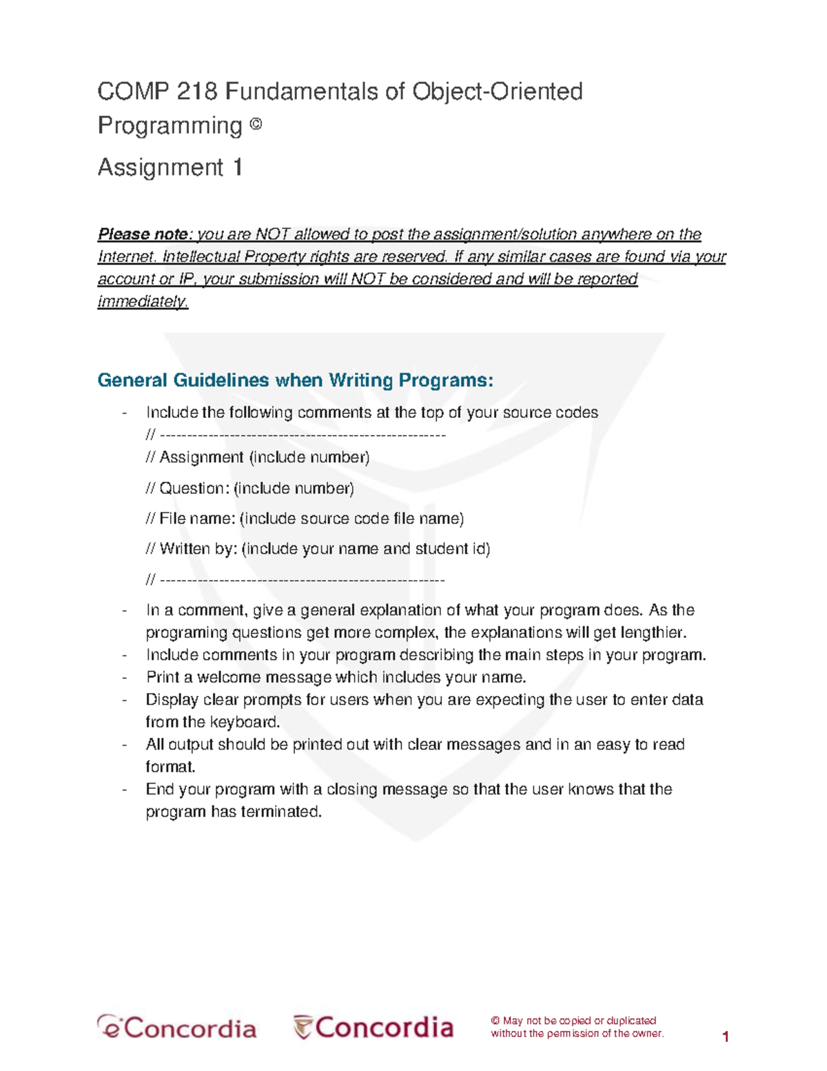 Assignment 1 Instructions - © May not be copied or duplicated without ...