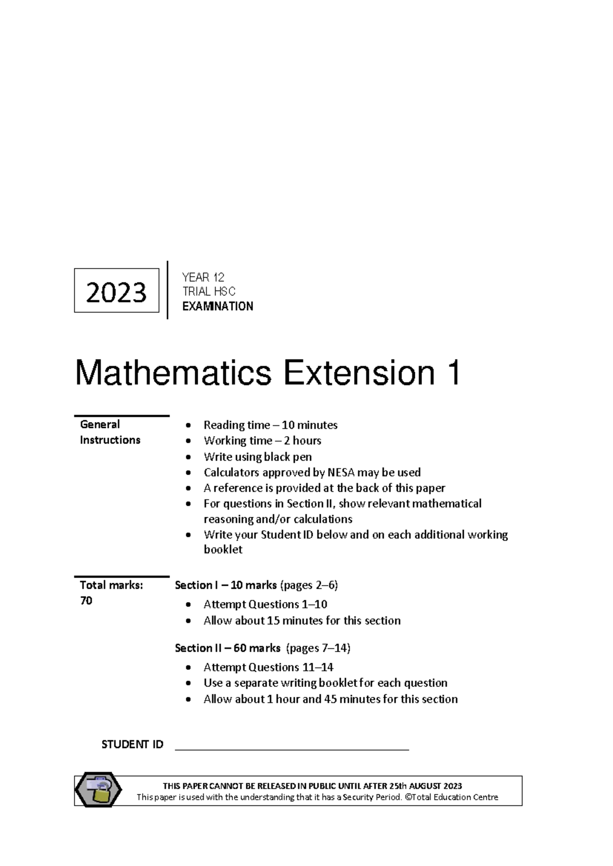 2023 HSC Trial Mathematics Extension 1 Exam Paper - Studocu
