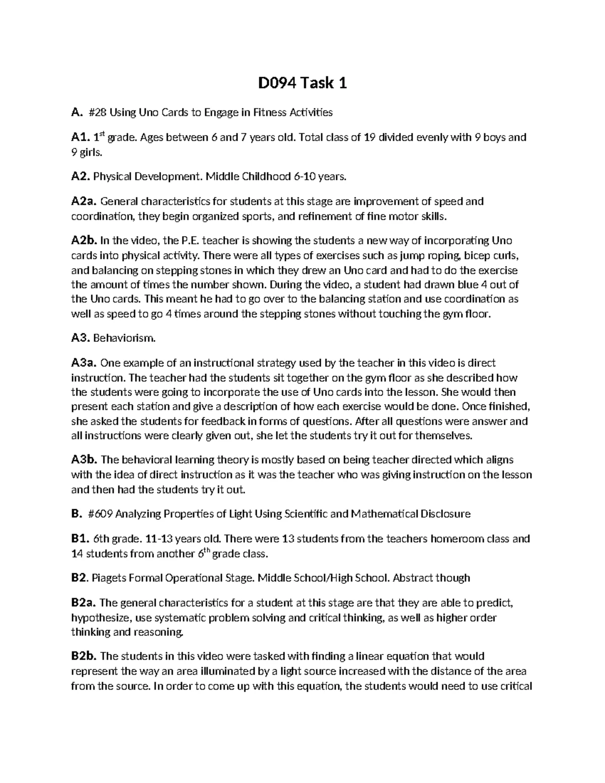 D095 Task 1: Effective Strategies for Kindergarten Classroom Management ...