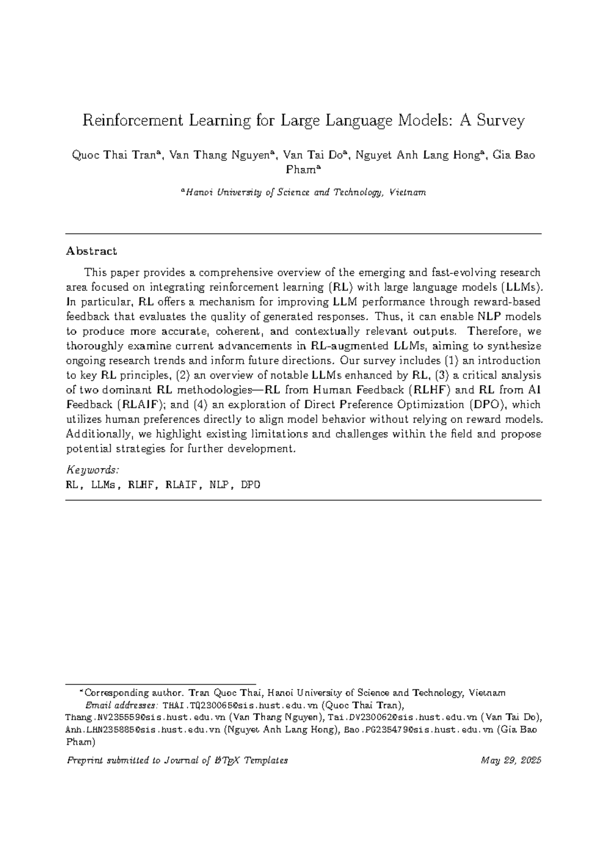 Survey on Reinforcement Learning Techniques for LLMs: A Comprehensive ...