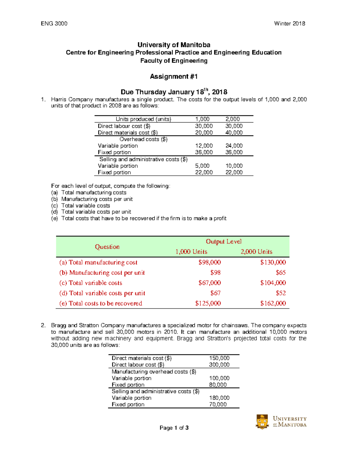 ENG 3000 Assignment #1 Solution: Cost Analysis for Manufacturing - Studocu