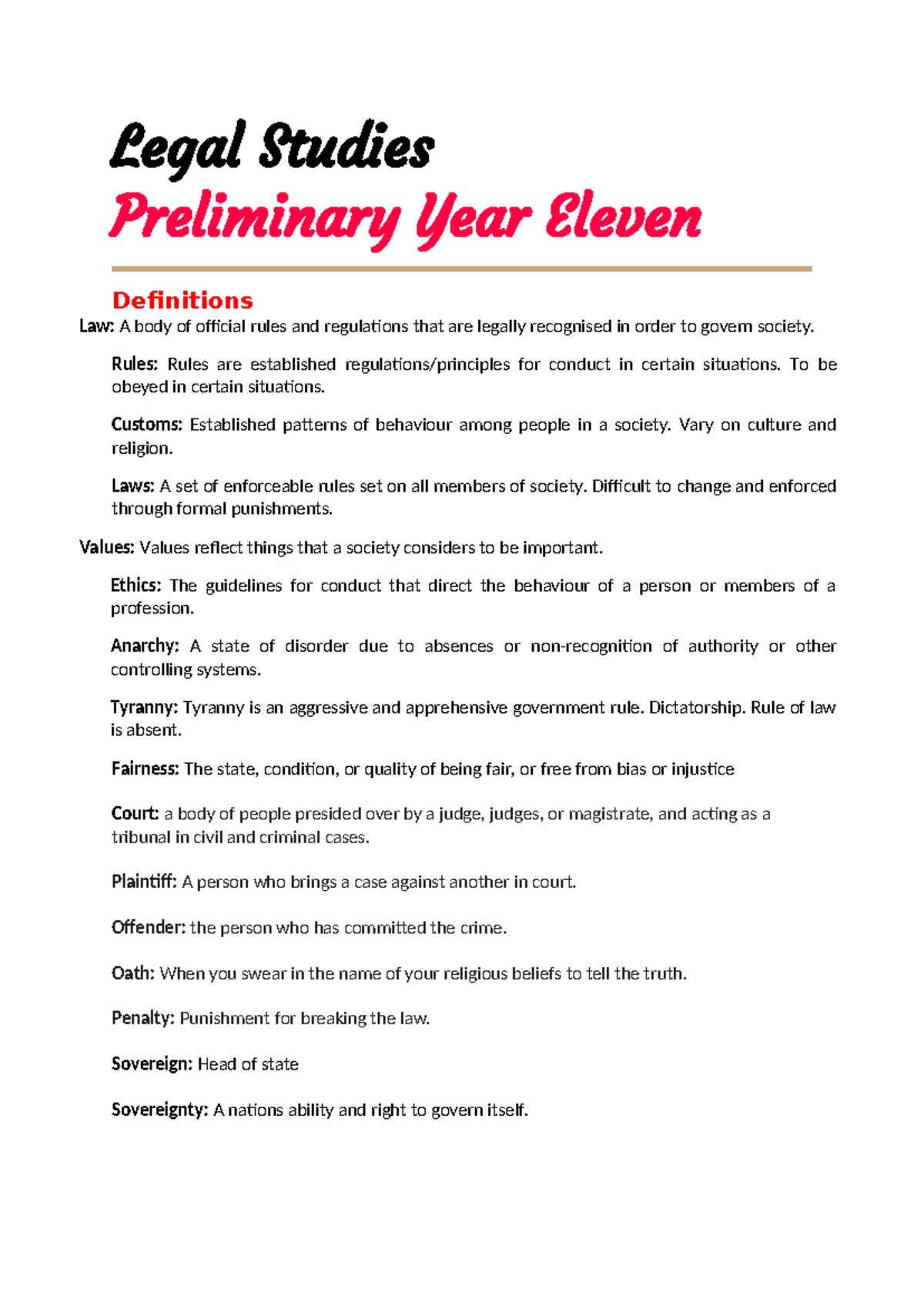 Legal Studies Preliminary Year 11: Key Legal Concepts and Definitions ...