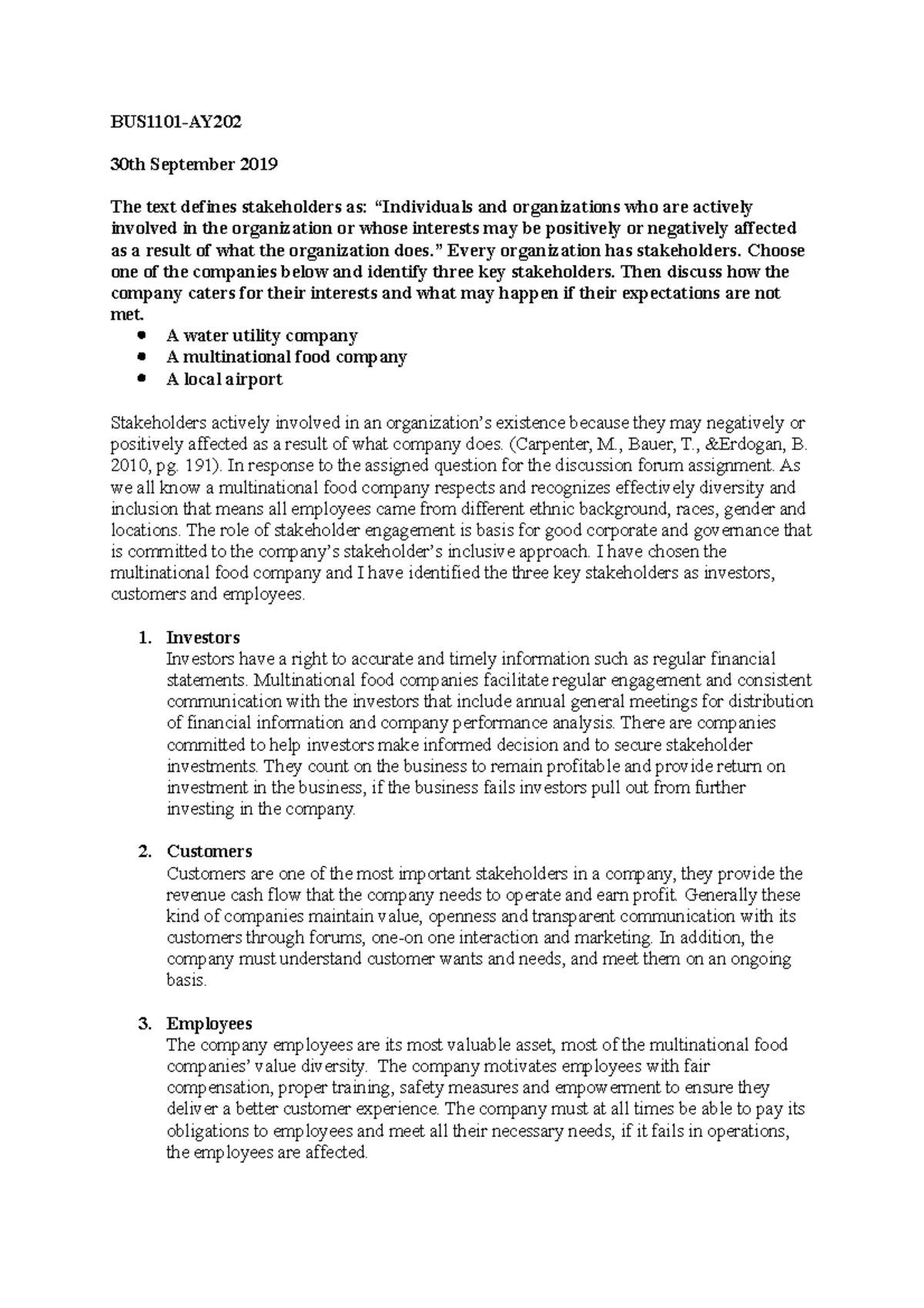 Discussion on Stakeholders in BUS1101-AY: Week 4 Insights - Studocu