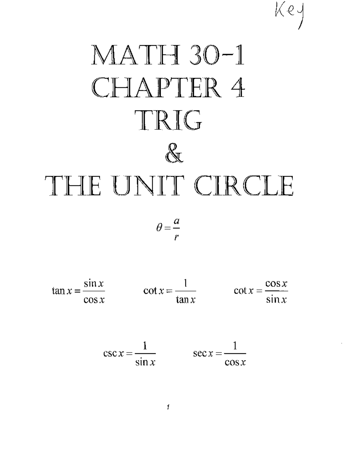Chapter 4 student notes answers - Key MATH CHAPTER 4 TRIG THE UNIT ...