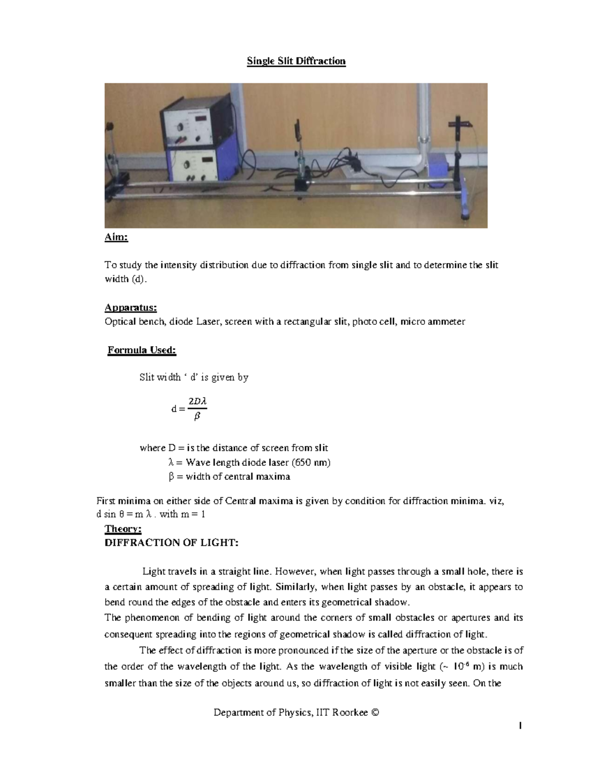 Single slit diffraction - Single Slit Diffraction Aim: To study the ...