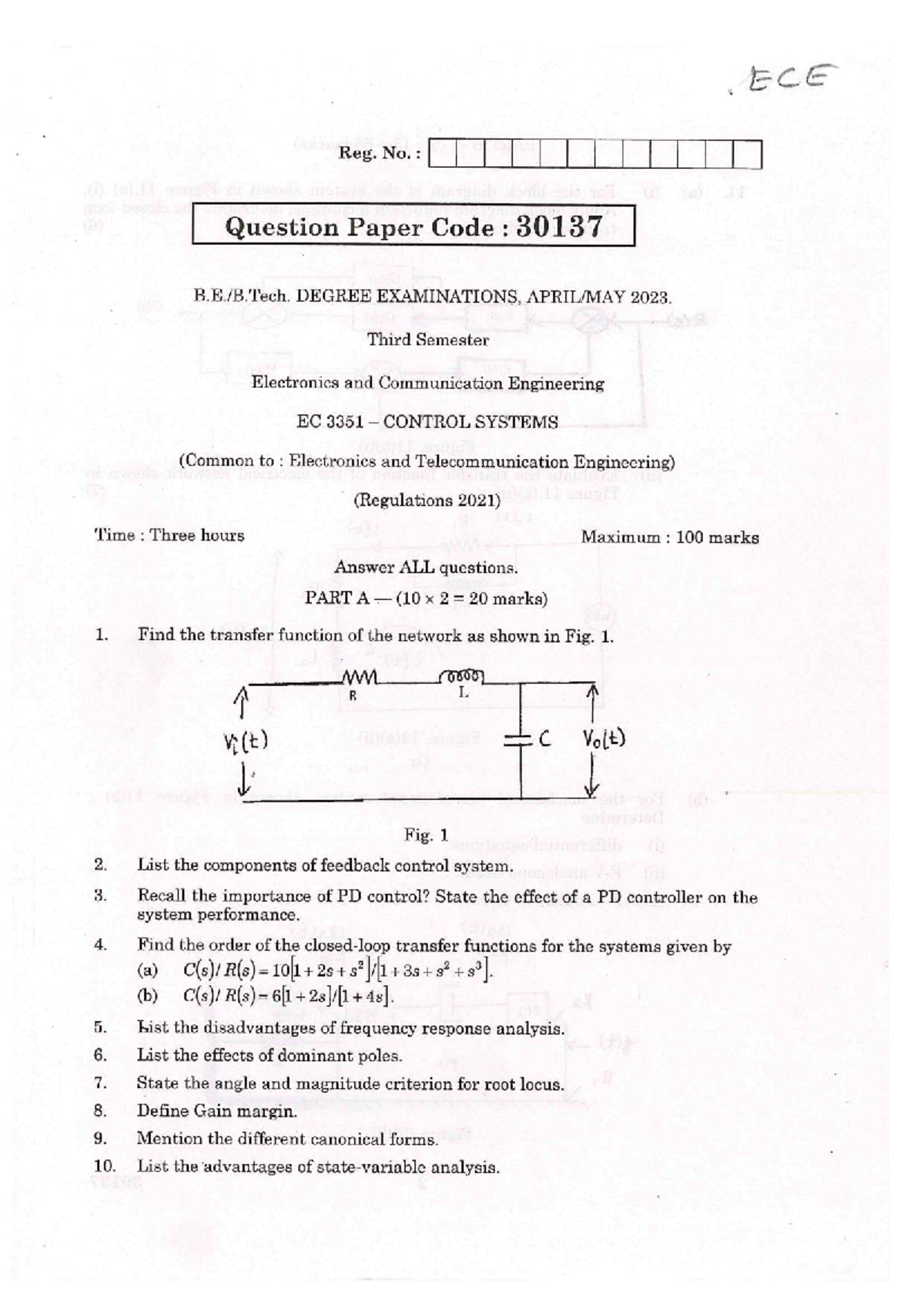 ECE 30137 Final Exam: EC 3351 Control Systems Questions 2023 - Studocu