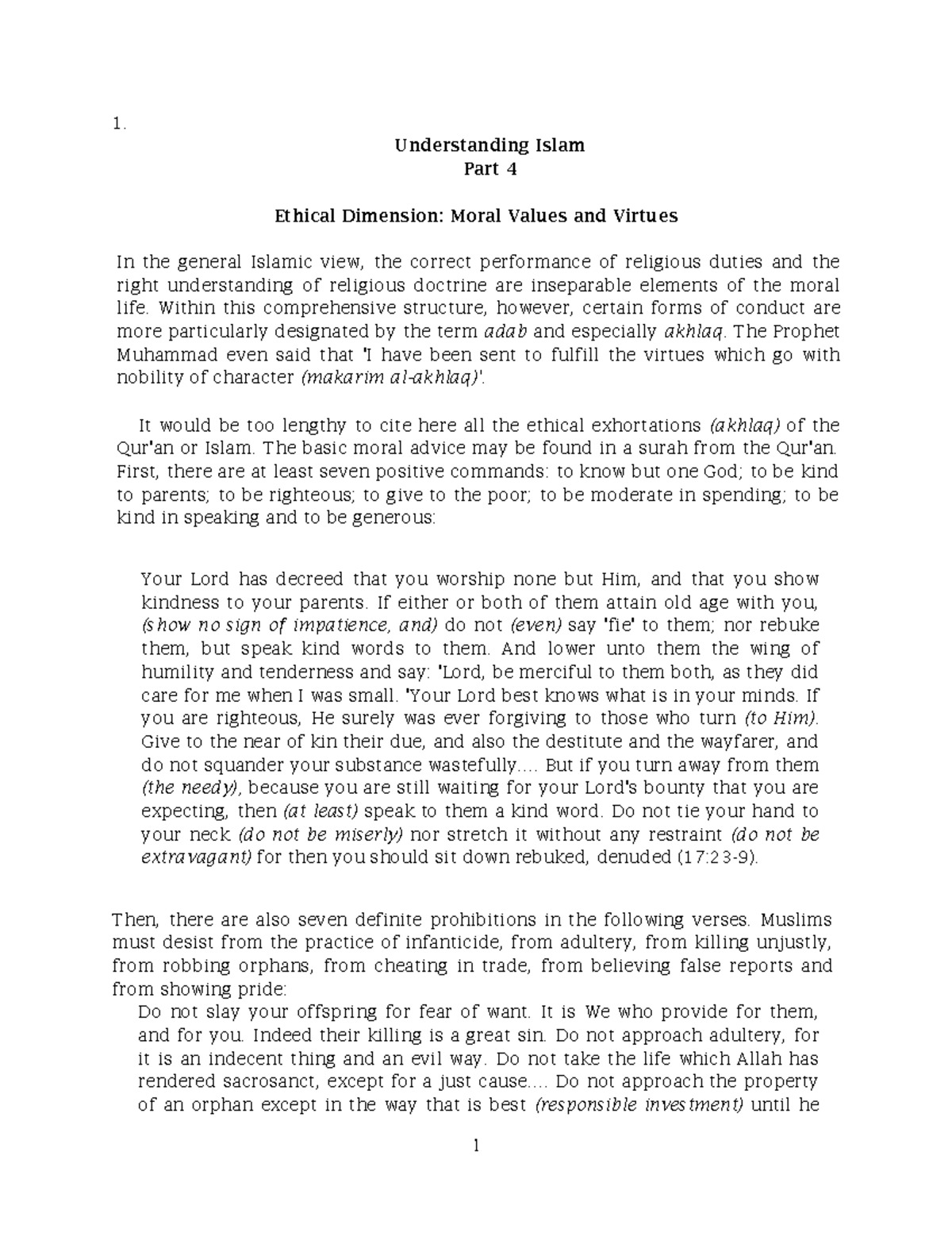 Islamic Ethics (Part 4): Moral Values and Virtues in Religious Life ...