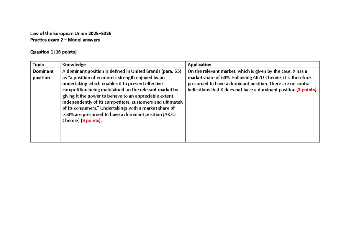Law of the European Union Prac8ce Exam 2 - Model Answers - Studeersnel