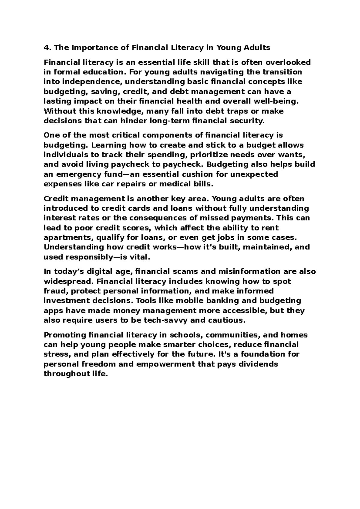 Assignment 4258 - The Role of Financial Literacy in Young Adults - Studocu