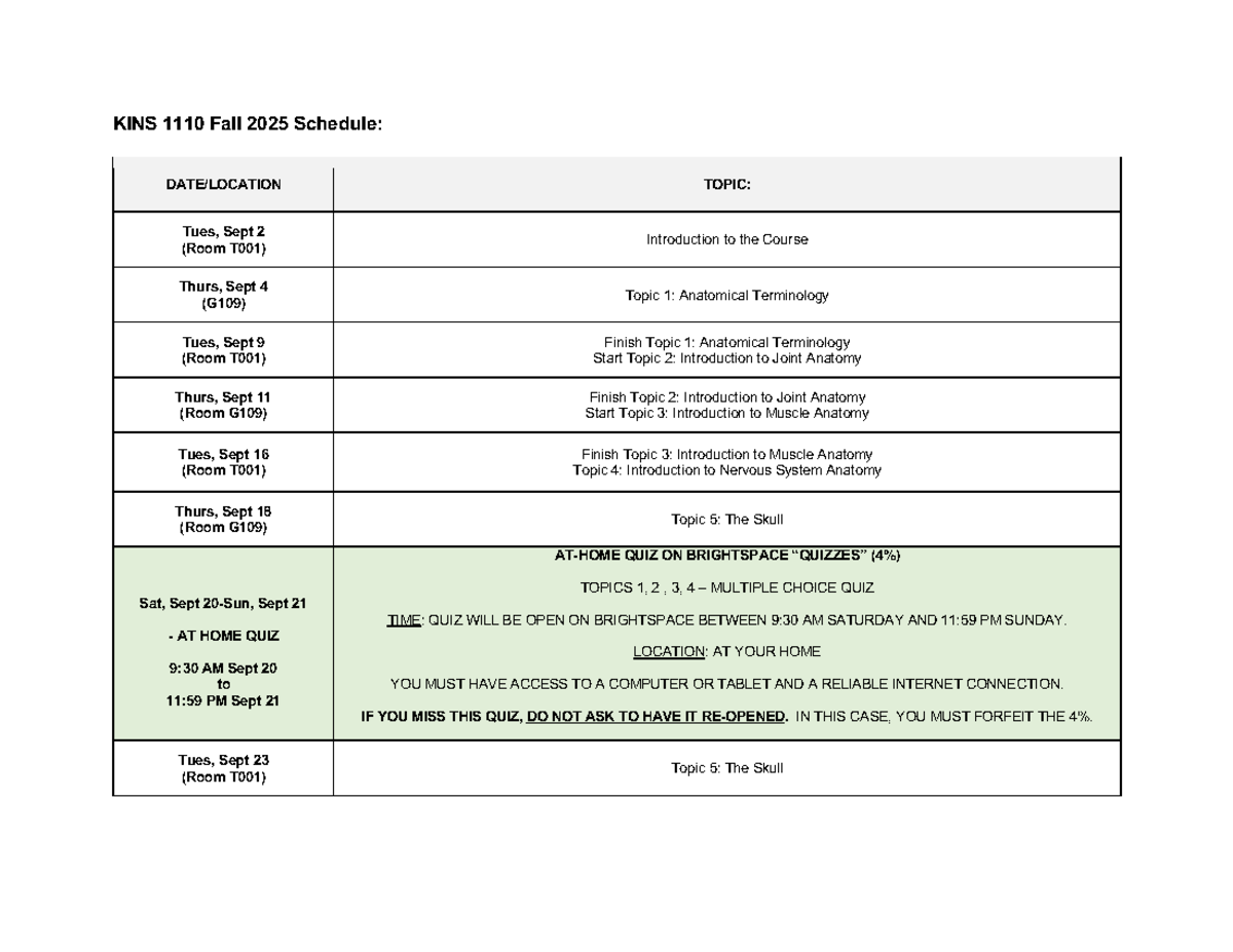 KINS 1110 Fall 2025 Course Schedule and Important Dates - Studocu