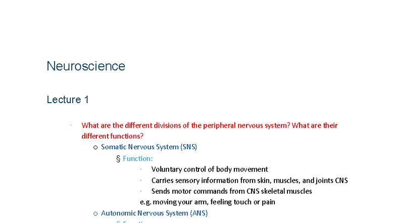 PSYC1002 - Neuroscience Lecture 1: Divisions & Functions of the Nervous ...