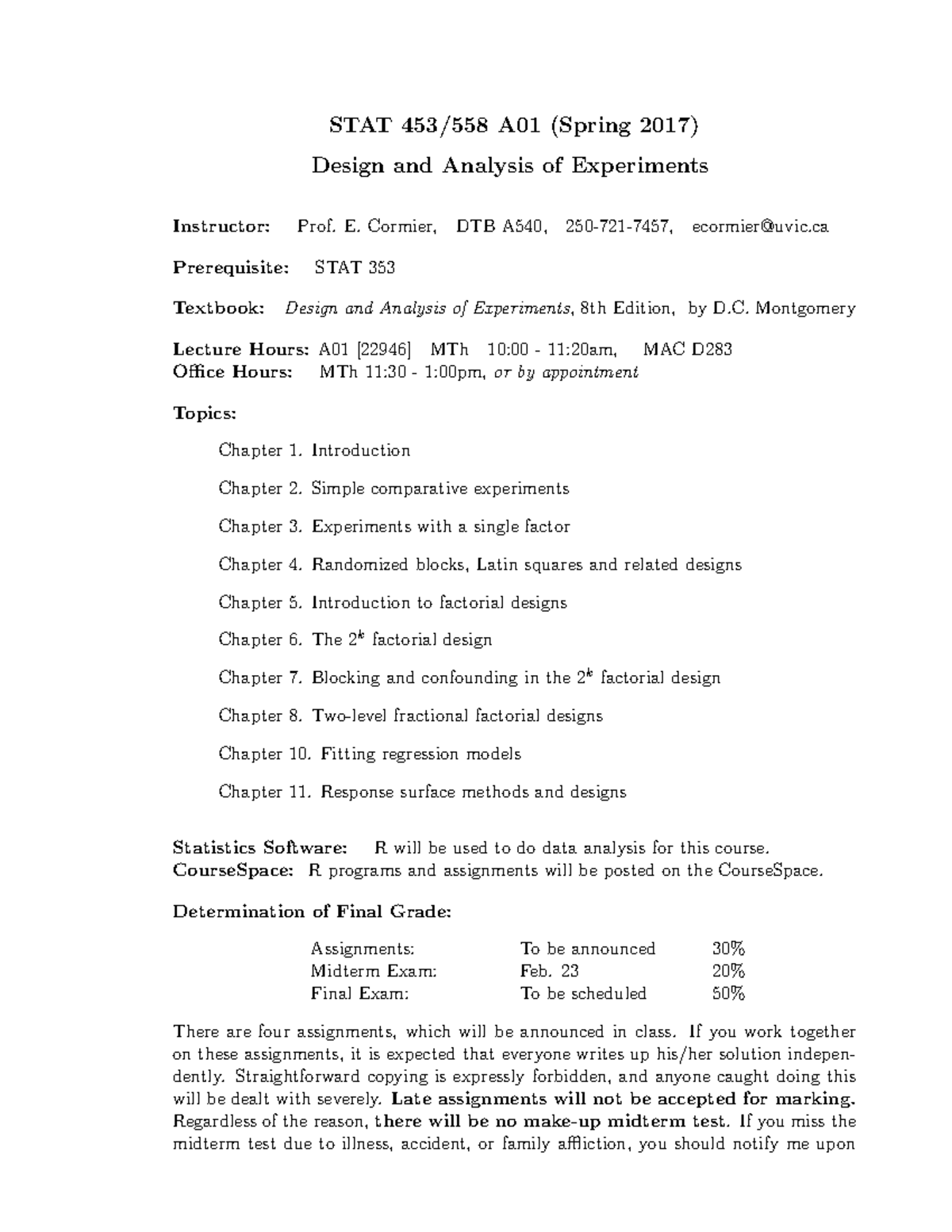 STAT 453/558 Course Outline - Design & Analysis of Experiments 2017 ...