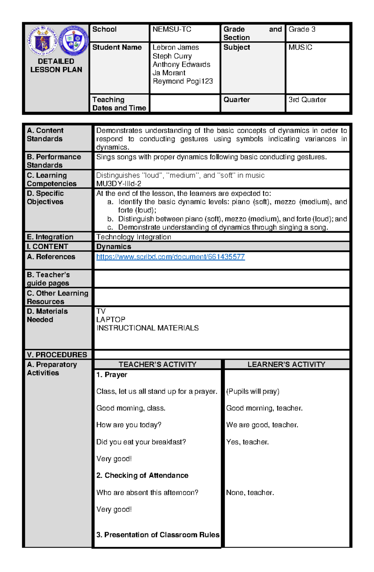 LP 20 Music 060721 - Grade 3 Dynamics Lesson Plan - Studocu