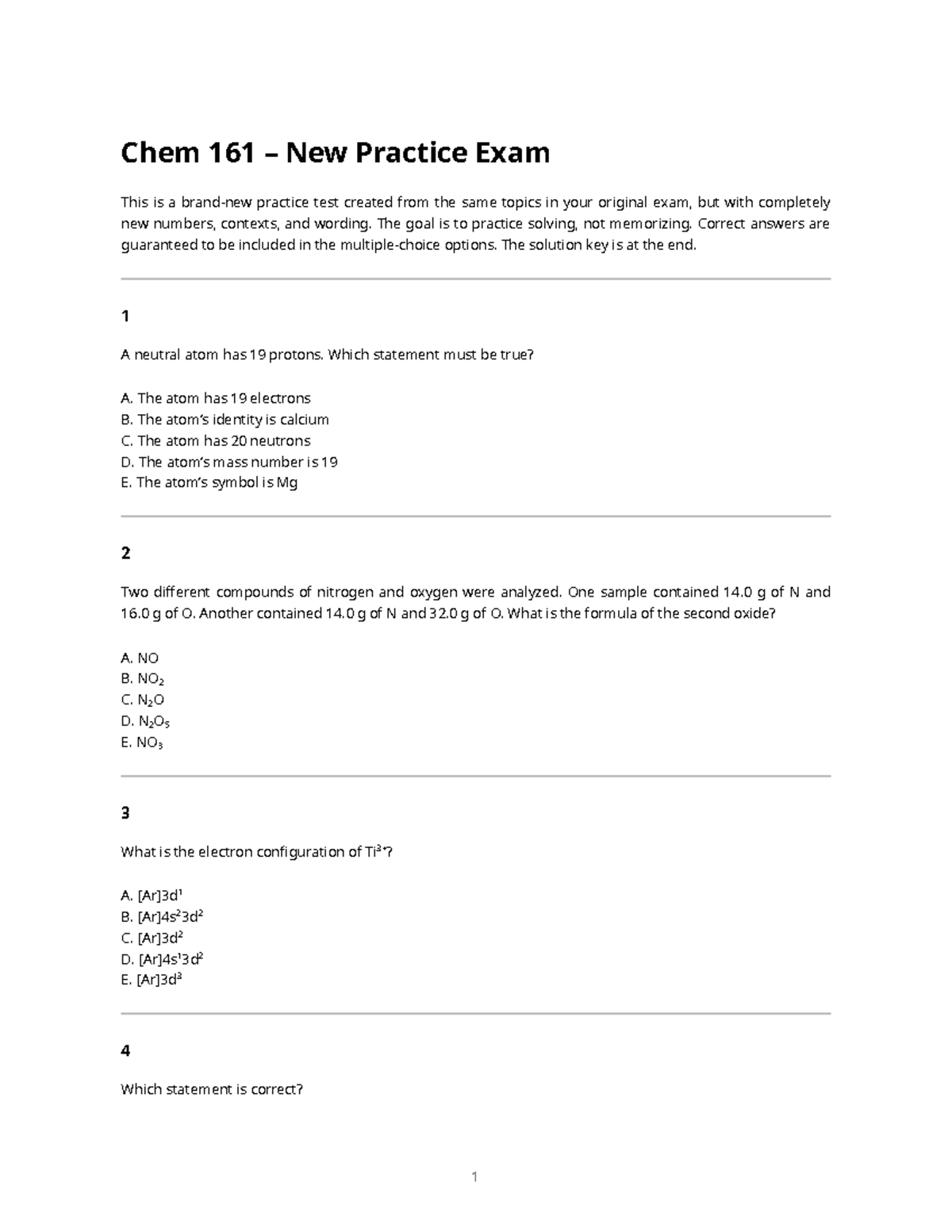 Chem 161 New Practice Exam - Lecture Notes - Studocu