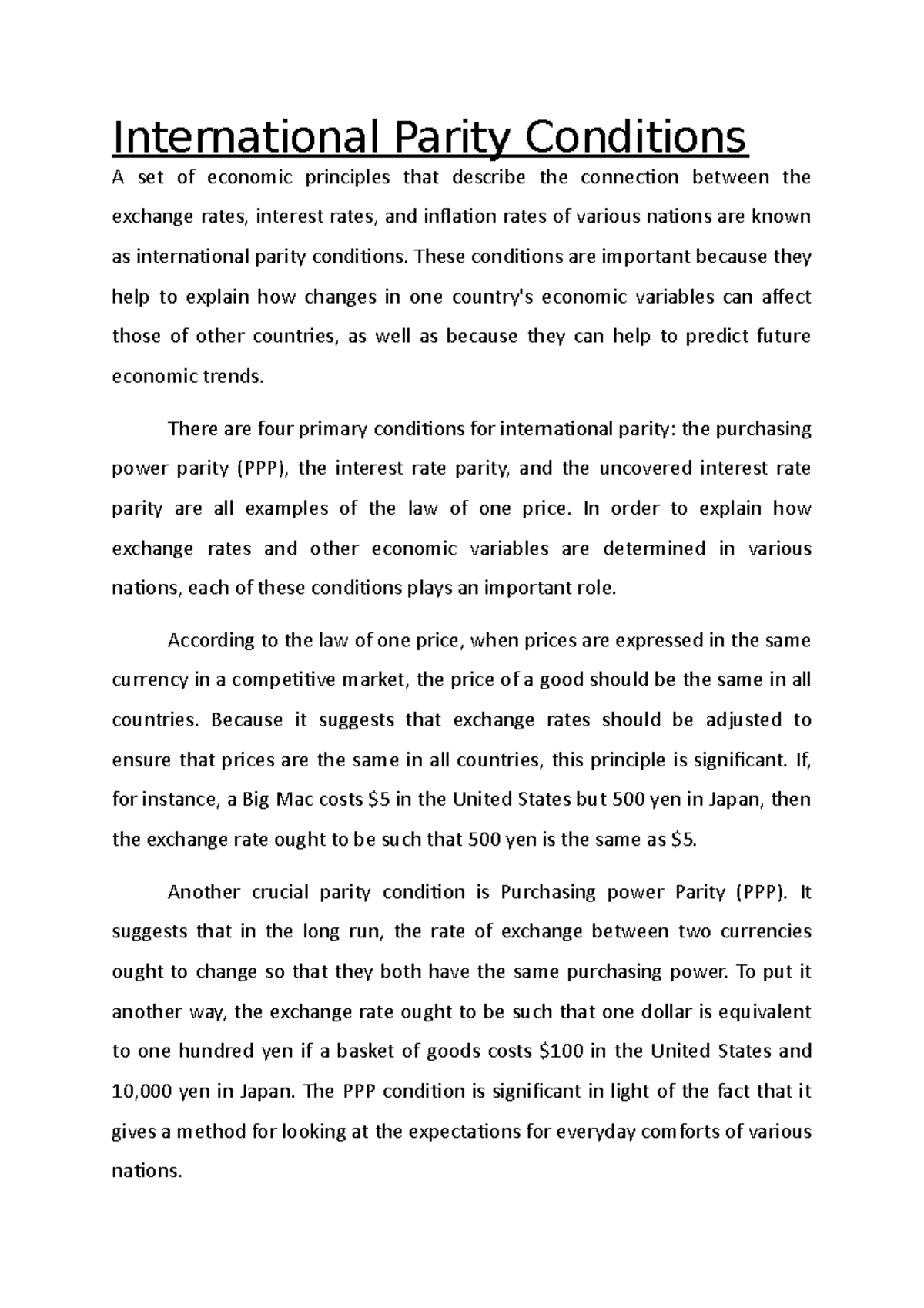 International Parity Conditions - These conditions are important ...