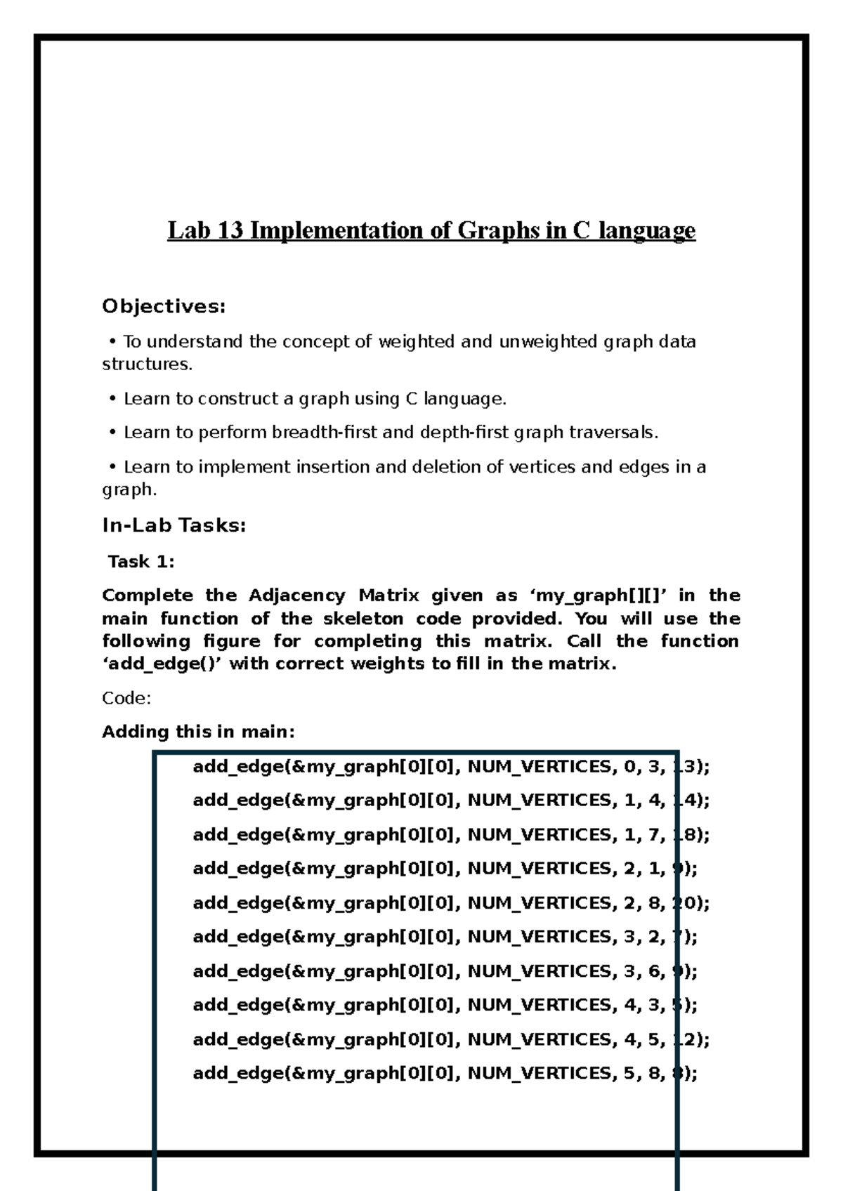 DSA Lab 13: Implementing Graphs with C - Weighted & Unweighted - Studocu