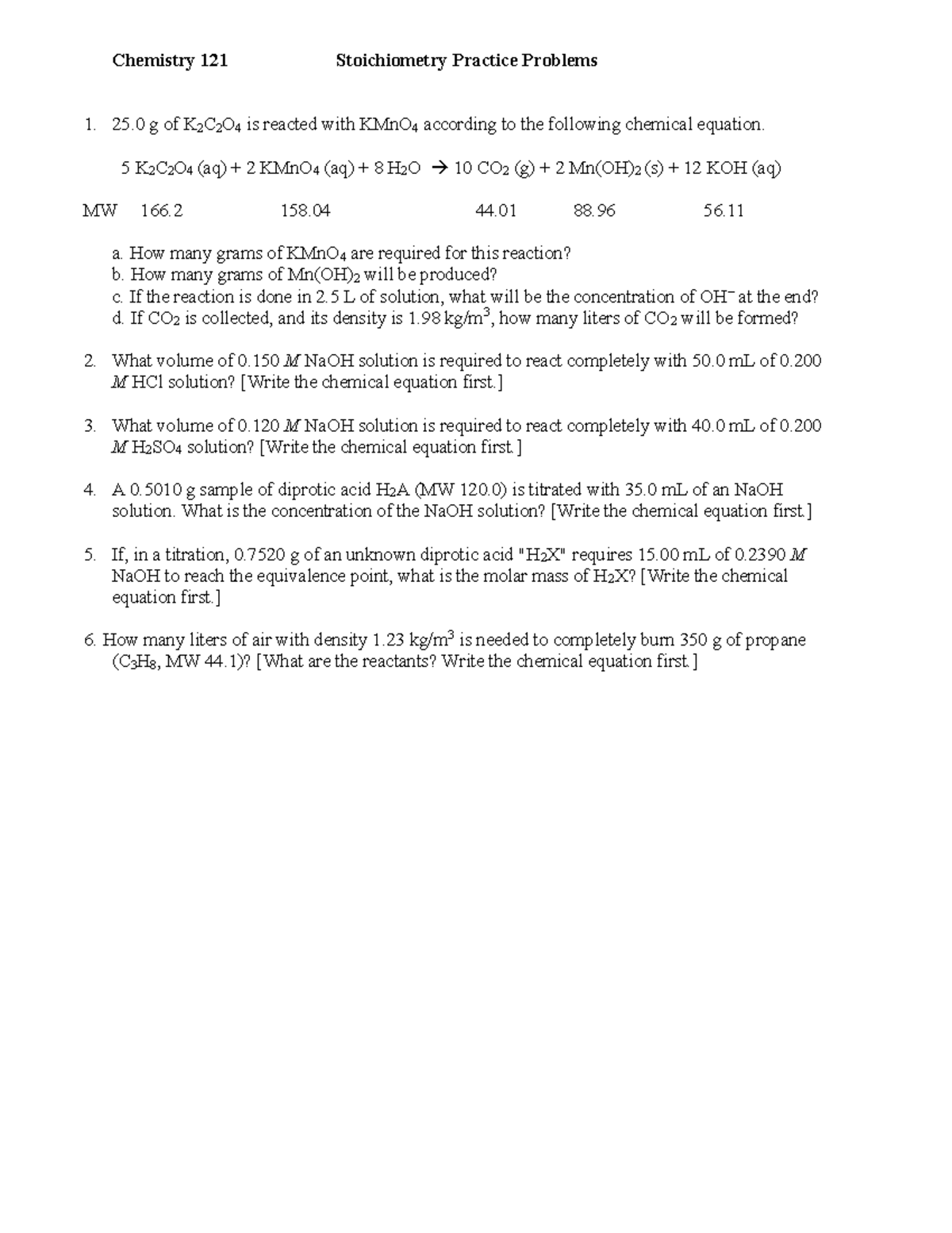 Chemistry 121: Stoichiometry Practice Problems and Solutions - Studocu
