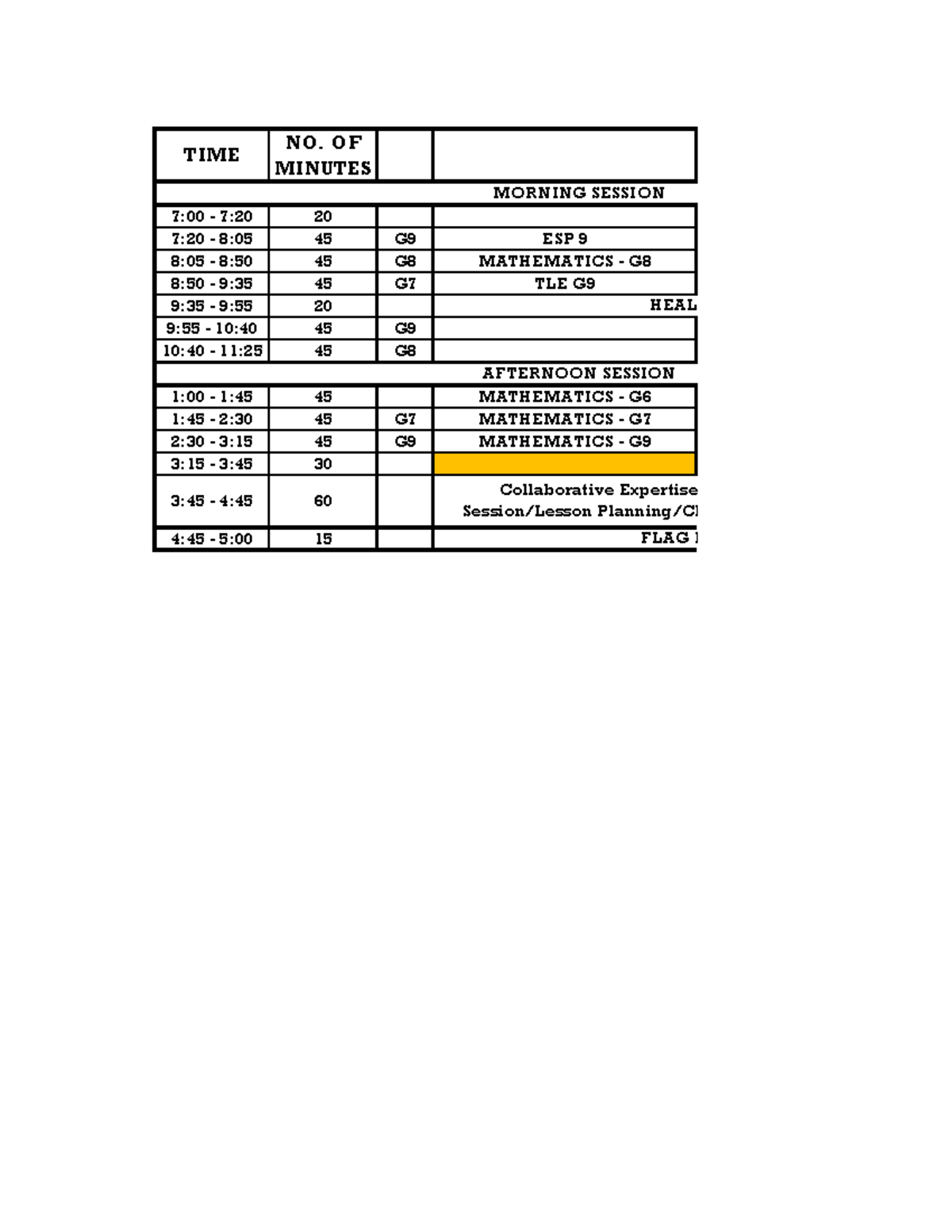 G9-G8-G7 Daily Schedule: Morning & Afternoon Sessions - Studocu