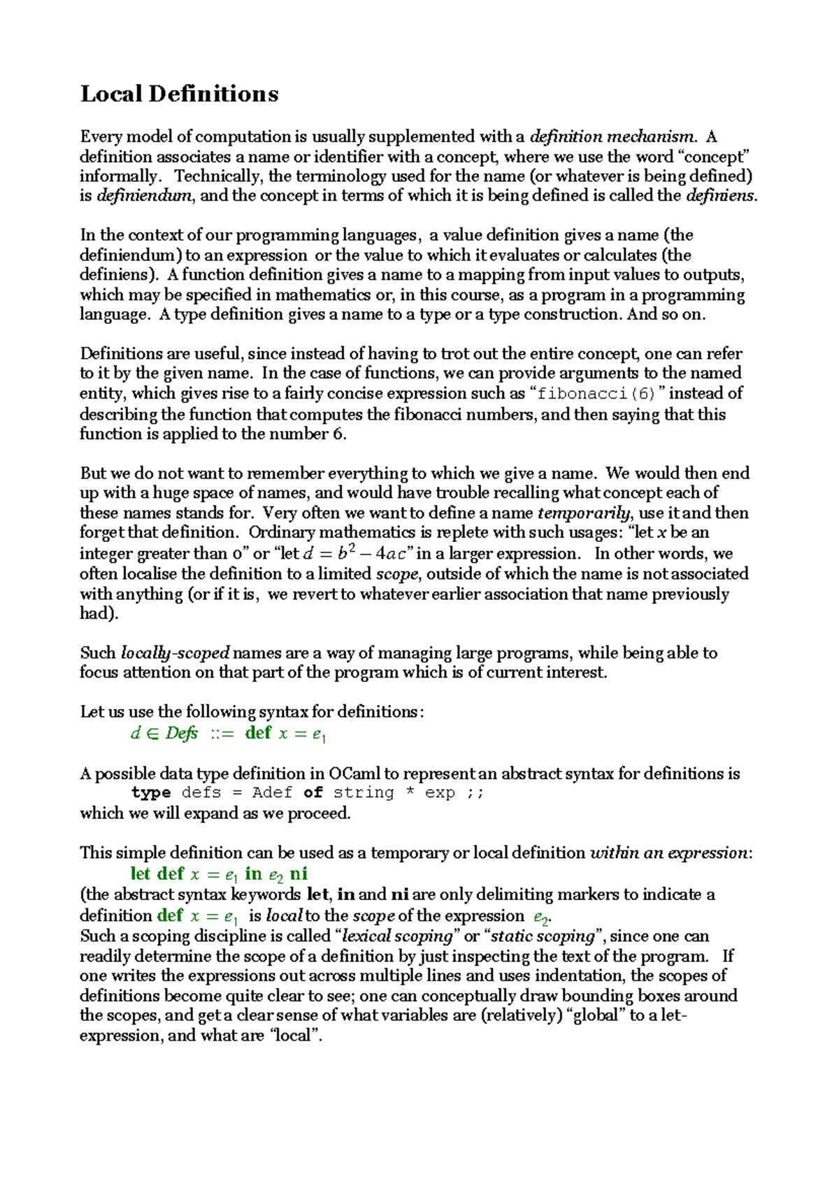 Local Definitions in Computation Models: A Study on Syntax and ...