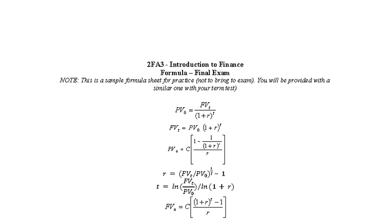 2FA3 Introduction to Finance - Sample Formula Sheet for Final Exam ...