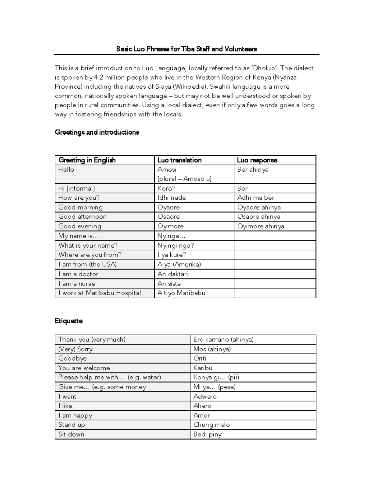 Luo Language Basics for Tiba Staff & Volunteers: A Glossary - Studocu