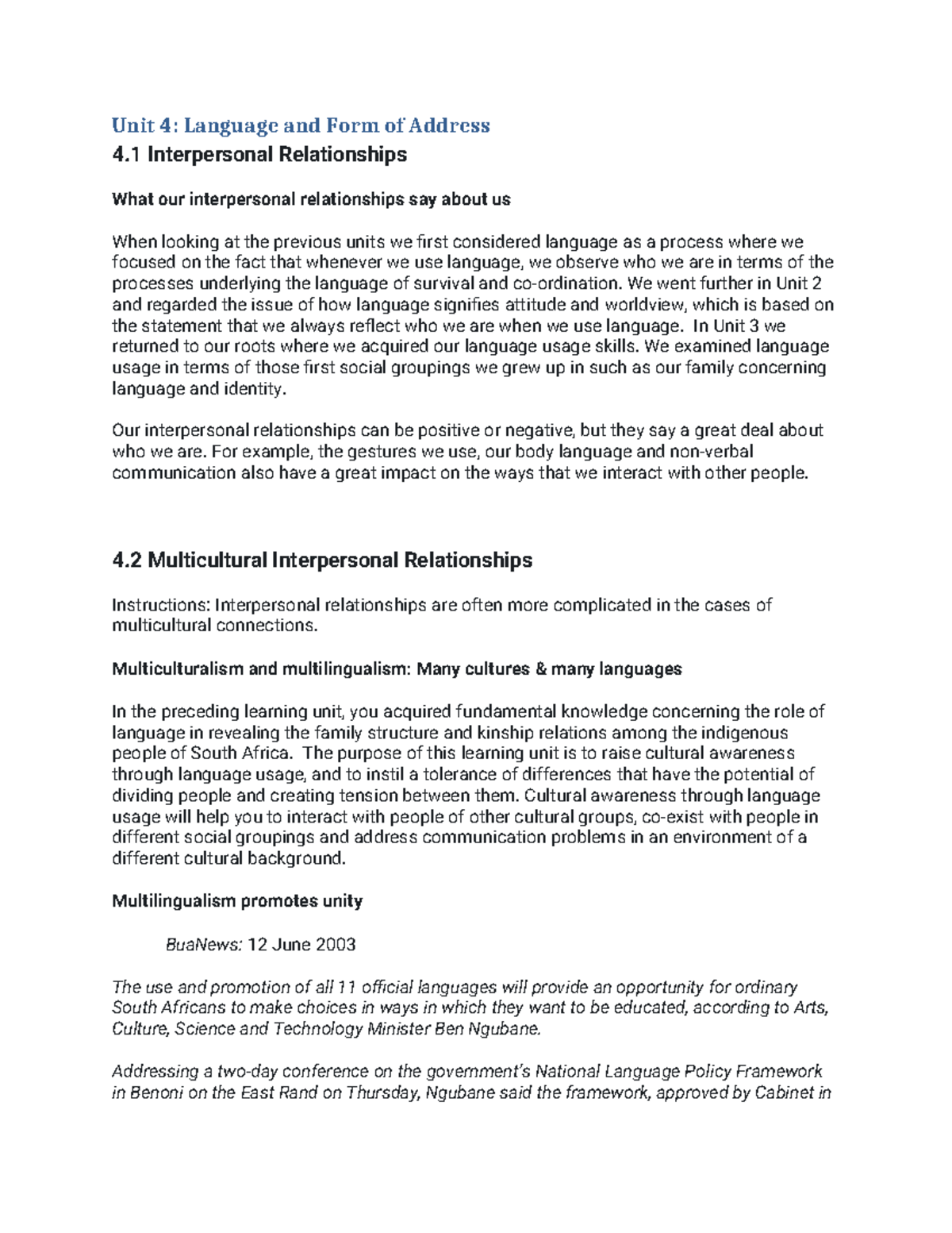 Unit 4: Language and Interpersonal Relationships in Multicultural ...