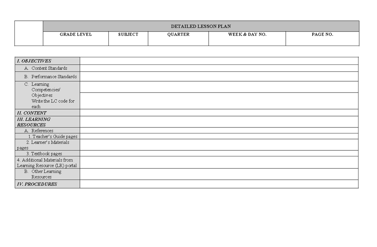 DLP Grade I Lesson Plan: Objectives, Content, and Procedures - Studocu