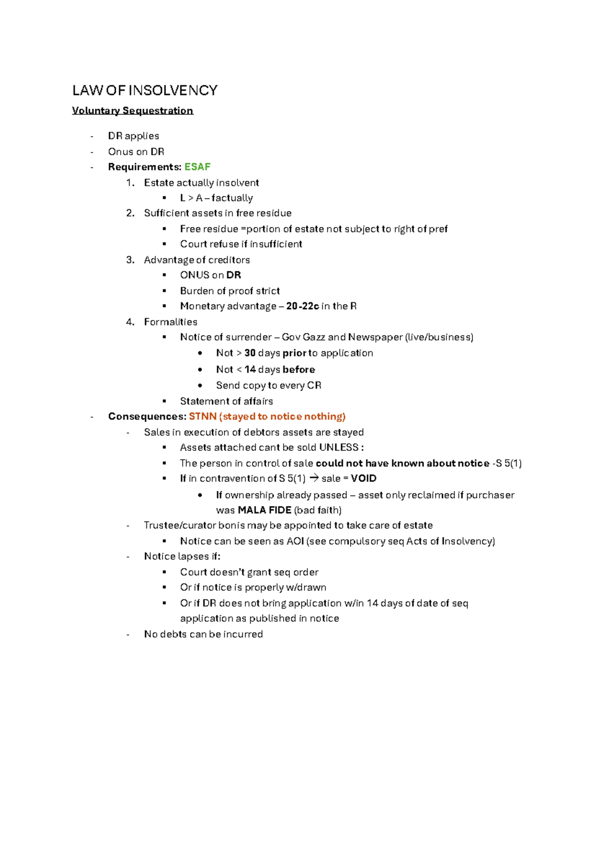 LAW OF INSOLVENCY: Voluntary Sequestration & Creditor Rights - A1 Notes ...