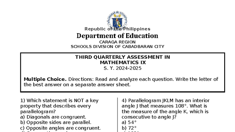 Q3 Exam Math IX 2024-2025 - Multiple Choice Assessment - Studocu