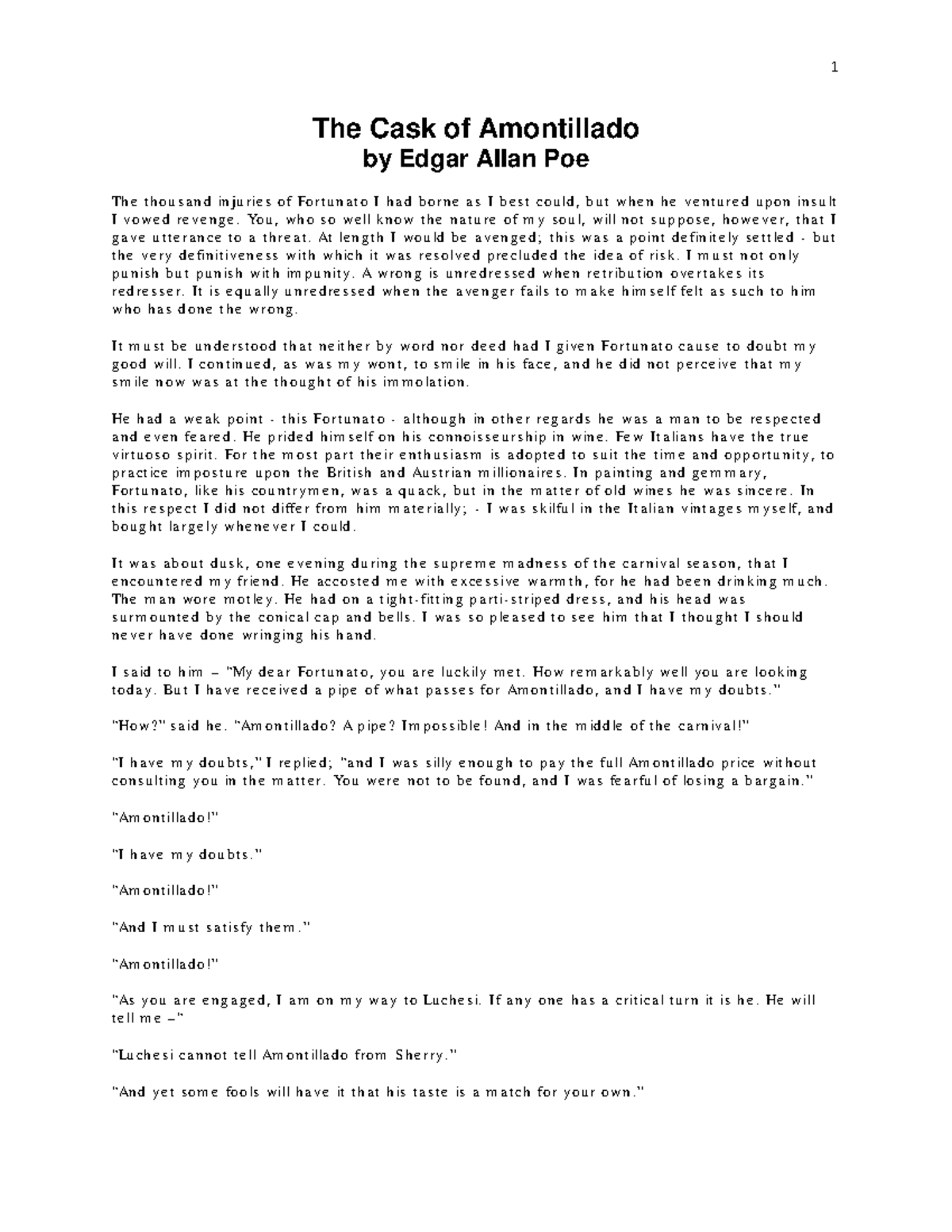 The Cask of Amontillado - Lit 101 Final Exam Study Notes - Studocu