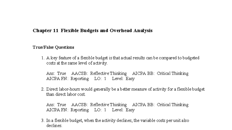 Chapter 11 - Flexible Budgets and Overhead Analysis Practice Questions - Document Preview