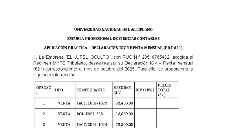 Práctica de Declaración IGV y Renta Mensual (PDT 621) - Octubre 2025 ...