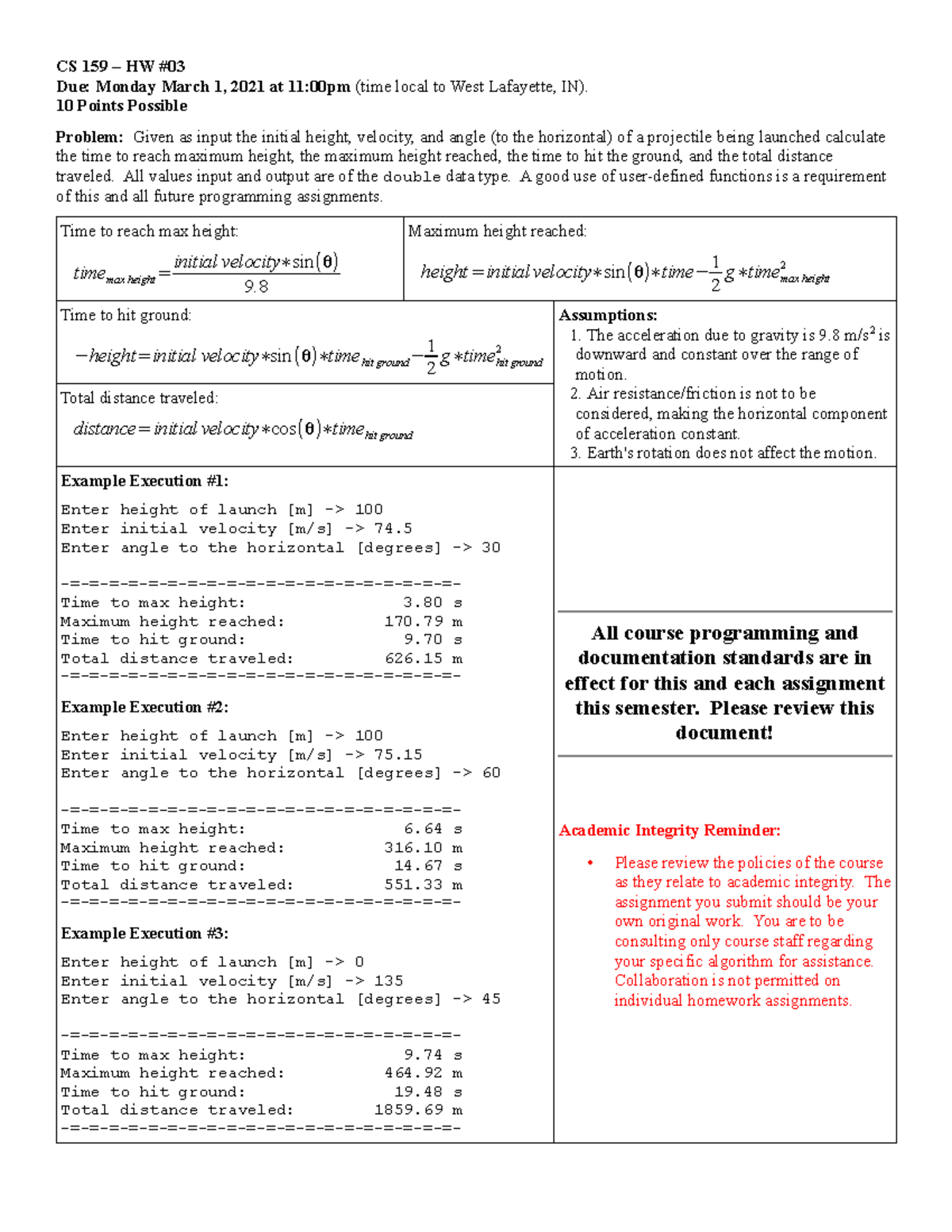 CS 159 HW03 - Projectile Motion Calculations and Programming Standards ...