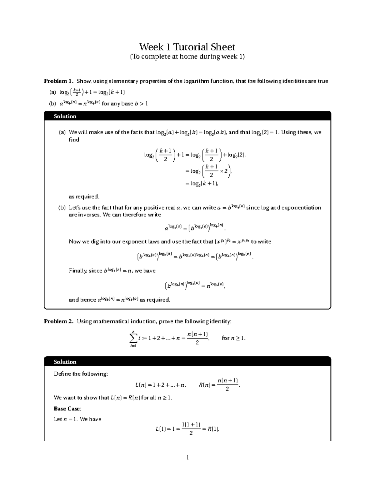 Week 01 Tutorial Sheet Solutions: Logarithm Identities Explained - Studocu