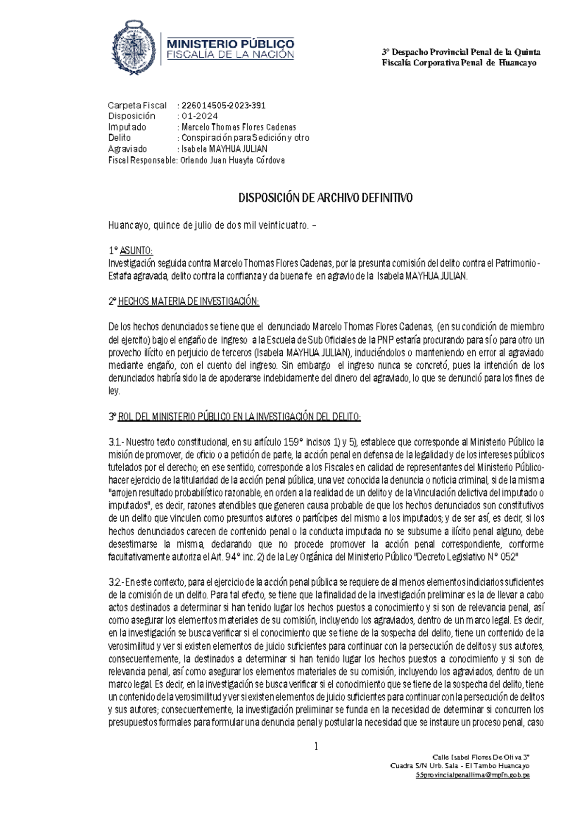 Disposición de Archivo Definitivo en Caso de Estafa - File 226014505-2023-391 - Document Preview