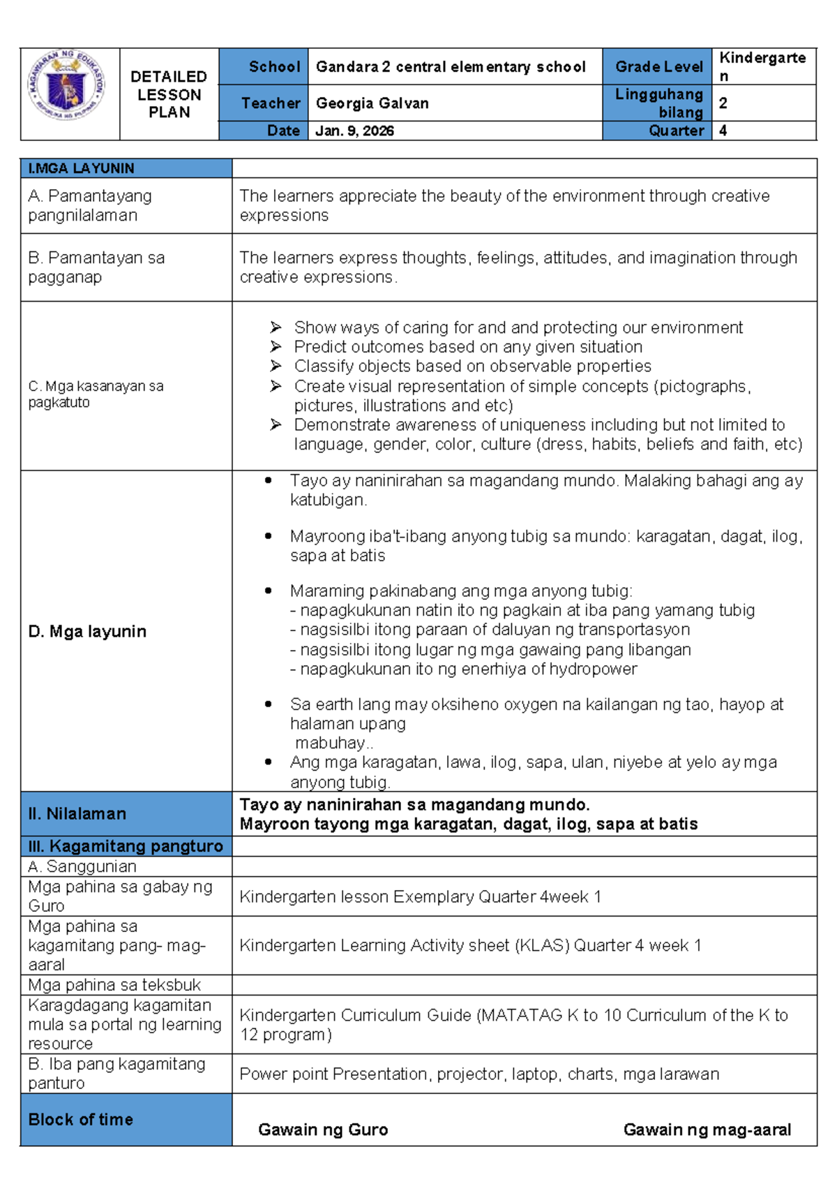 Quarter 4 Week 2 Day 1 Detailed Lesson Plan for Kindergarten - Studocu