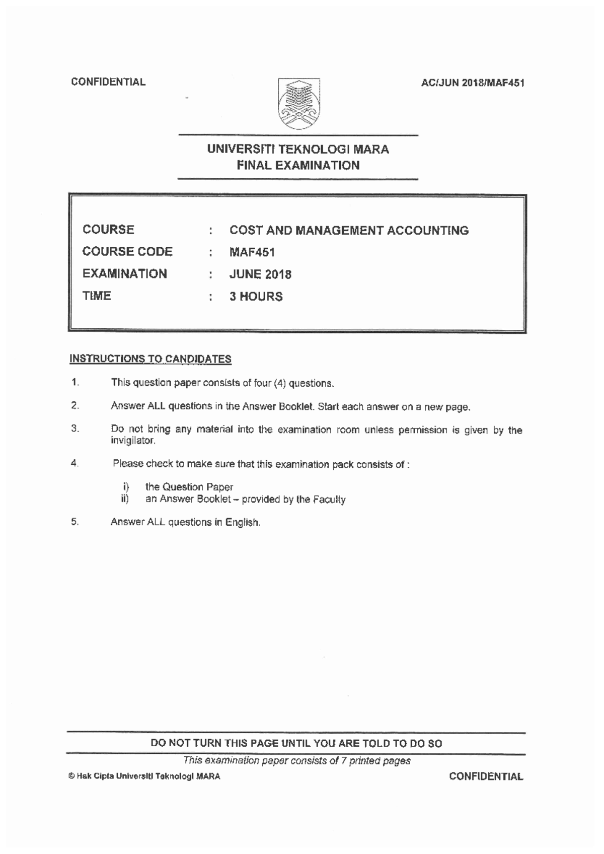 Final Exam Paper - MAF451 Cost & Management Accounting (Dec 2019) - Studocu