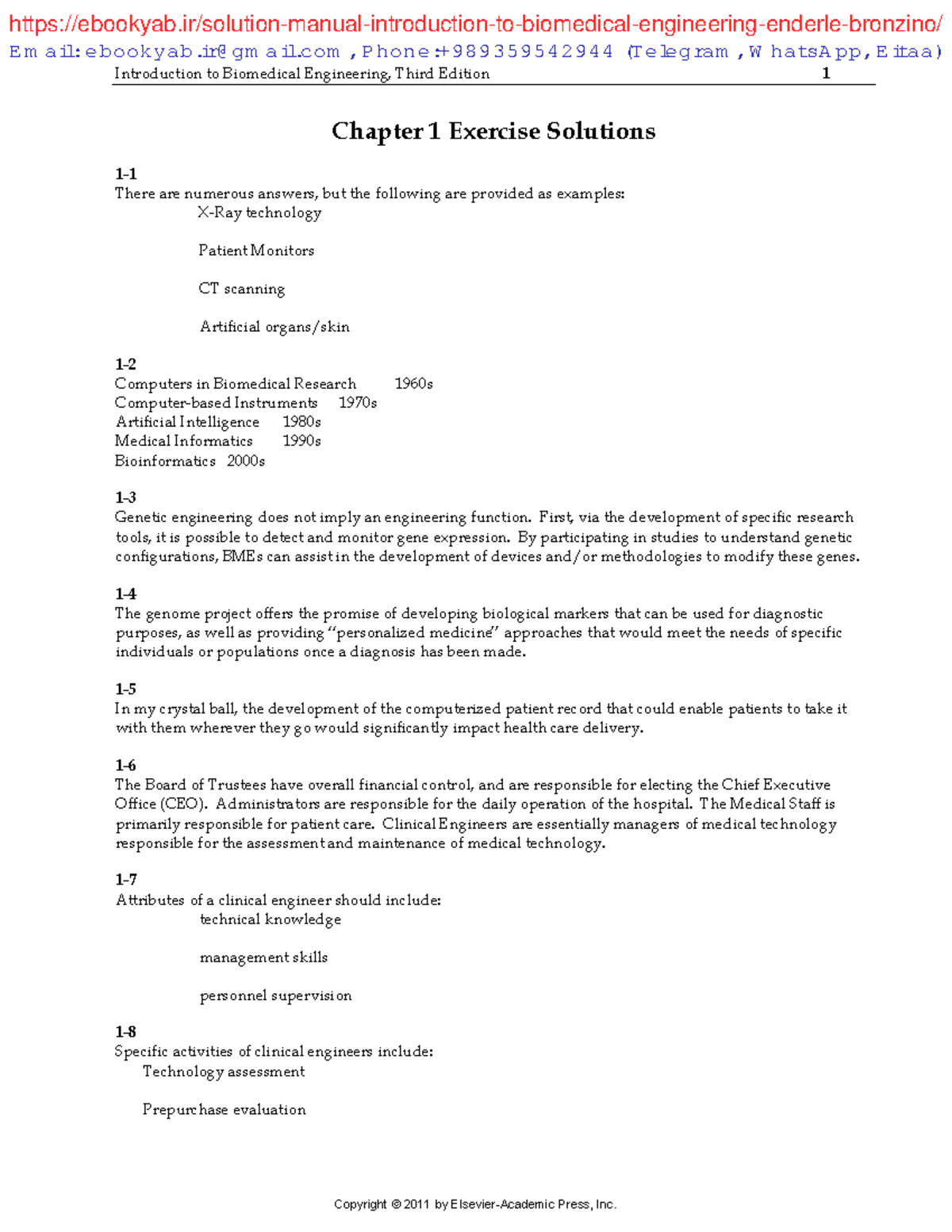 Solution Manual for Biomedical Engineering, 3rd Ed: Exercises Review ...
