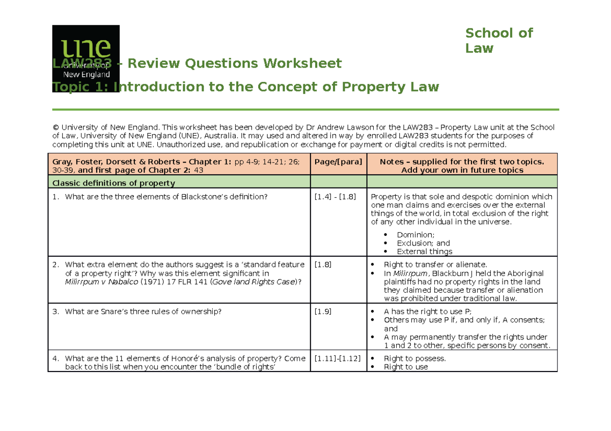LAW283 Topic 1 Property Law Review Questions Overview - Document Preview